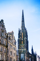 Street view of Historic Old Town Houses in Edinburgh, Scotland