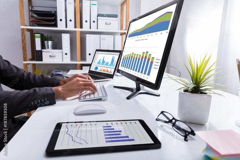 Poster Businessperson Analyzing Graph On Computer