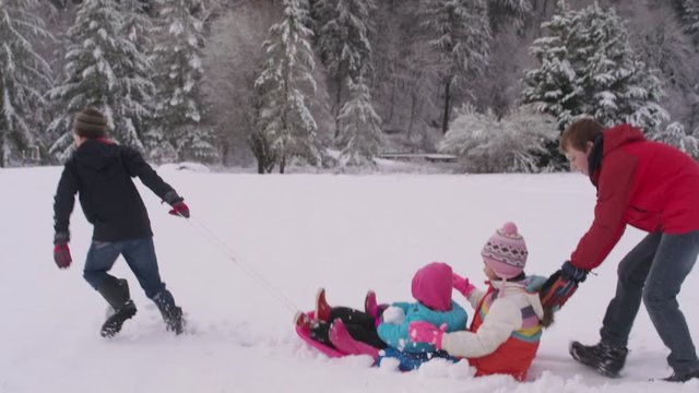 Kids playing and pushing sled in winter snow