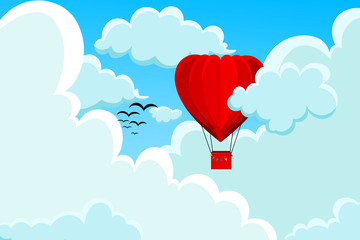 Red, heart shaped hot air balloon flying among the white clouds