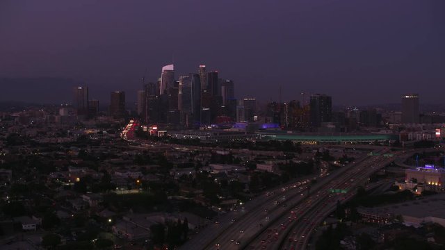 Los Angeles, California circa-2017, Freeways leading to downtown Los Angeles at dusk.  Shot with Cineflex and RED Epic-W Helium. 