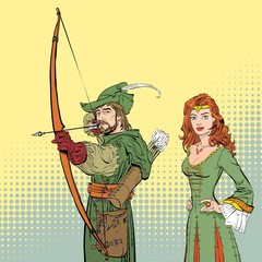 Robin Hood aiming on target. Medieval legends. Heroes of medieval legends. Lady in medieval dress.