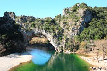 Natural bridge over the Ardèche River in Massif Central, France