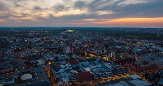 Leipzig, Germany - April 2015: Timelapse over the city centre during sunset