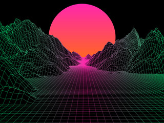 Abstract mesh landscape with sphere sun on horizon. Futuristic vector on black background.