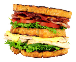 Chicken and bacon double decker sandwich isolated on a white background - obrazy, fototapety, plakaty