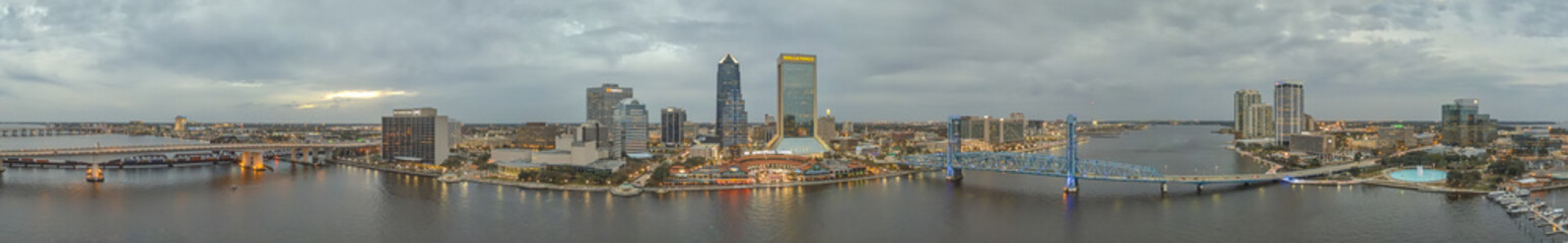 JACKSONVILLE, FL - FEBRUARY 2016: Panoramic aerial view ofcity skyline at sunset. Jacksonville is a famous destination in Florida