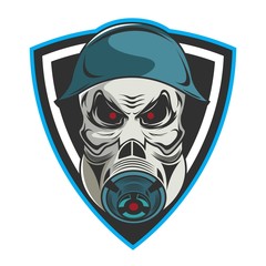 Skull in military helmet and gas mask logo