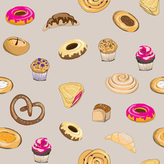 Vector illustration of pastry on grey background seamless pattern