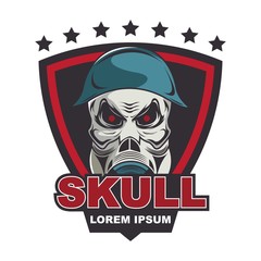 Skull in military helmet and gas mask logo