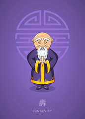 Cartoon hand drawn Asian wise old man in traditional clothes on background color of the year, ultra violet. Сoncept for Chinese New Year Illustration.