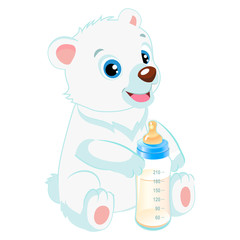 Cute Polar Teddy Bear With Feeding Bottle Cartoon Vector Character. Baby Feed Theme. Healthy Eating For A Healthy.