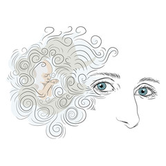 Woman face with  blue eyes and curly hair. Small baby boy sleeping. Vector illustration on white background