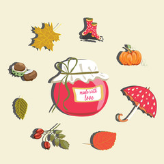 Autumn marmalade jar with autumn items around like pumpkin, umbrella, rainy boots, rose hip and leaves. Vector illustration on light yellow background
