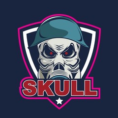 Skull in military helmet and gas mask logo