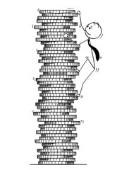 Conceptual Cartoon of Businessman Climbing Coin Pile