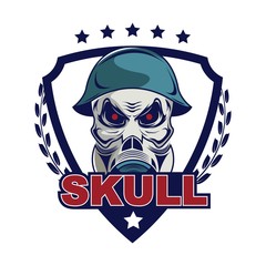 Skull in military helmet and gas mask logo