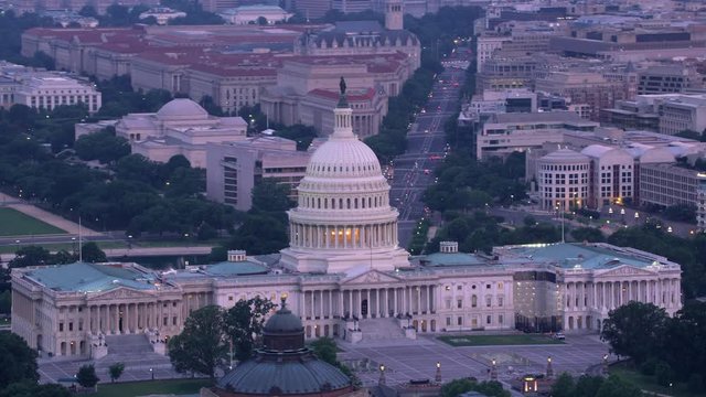 Washington, D.C. circa-2017, Aerial view of Capitol Building and Pennsylvania Avenue.  Shot with Cineflex and RED Epic-W Helium. 
