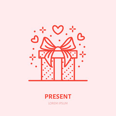 Obraz na płótnie Canvas Gift in box illustration. Flat line icon, souvenir shop logo. Valentines day present sign.
