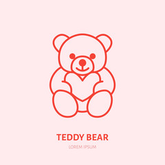 Obraz premium Teddy bear illustration. Plush flat line icon, toy store logo. Valentines day present sign.