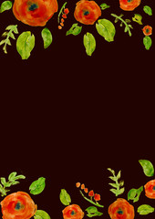 Painted watercolor composition with flowers and leaves. Frame of roses. Floral border. Can be used as invitation card for wedding, birthday, other holiday, summer background, poster, banner.