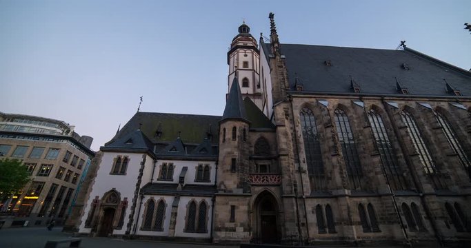 Leipzig, Germany - April 2015: Moving timelapse of St Thomas church at sunset
