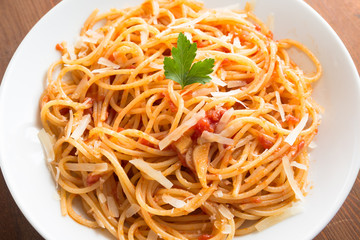 Tomato spaghetti with parmigiano cheese 