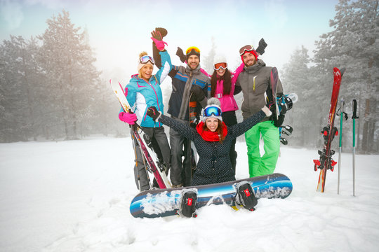 cheerful of group of friends have a good time in winter