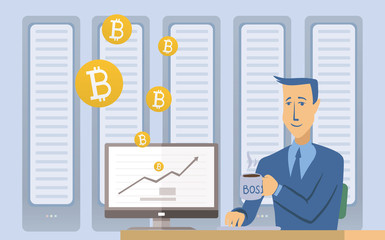 Mining bitcoin concept. Young man sitting at the computer in the server room. Cryptocurrency mining farm. Vector cartoon illustration.