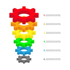 Conversion funnel consisting of 6 gearwheels. Marketing and sales teamwork infographics. Vector illustration isolated on white background.