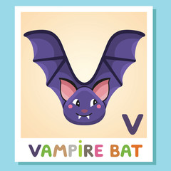 V is for Vampire bat. Letter V. Vampire bat, cute illustration. Animal alphabet.