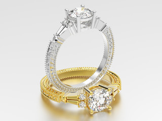 3D illustration two yellow and white gold or silver decorative diamond ring with ornament