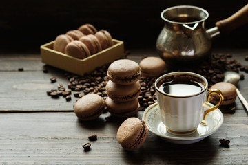 French biscuits macarons with coffee