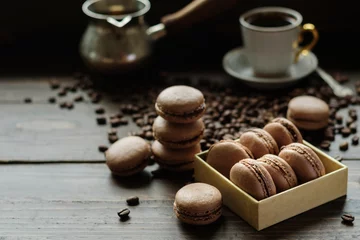 Fototapeten Französische Keksmacarons mit Kaffee © molenira