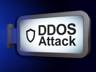 Privacy concept: DDOS Attack and Contoured Shield on advertising billboard background, 3D rendering