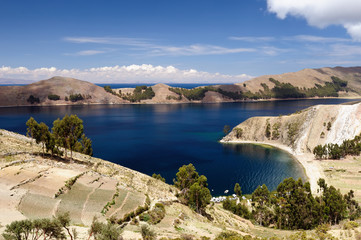 Bolivia - Isla del Sol on the Titicaca lake, the largest highaltitude lake in the world. This island's legendary Inca creation site and the birthplace of the sun. Landscape of the Titicaca lake
