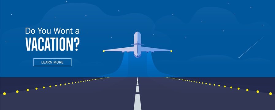 Fototapeta Airplane in the sky, runway and take-off plane. Banner or flyer for travel and vacation design. Starry night sky. Vector illustration.