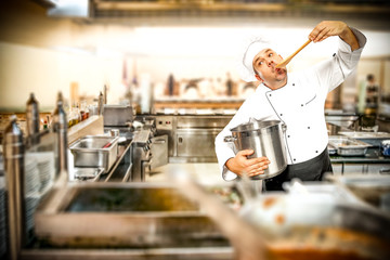 Cook chef and kitchen interior. 