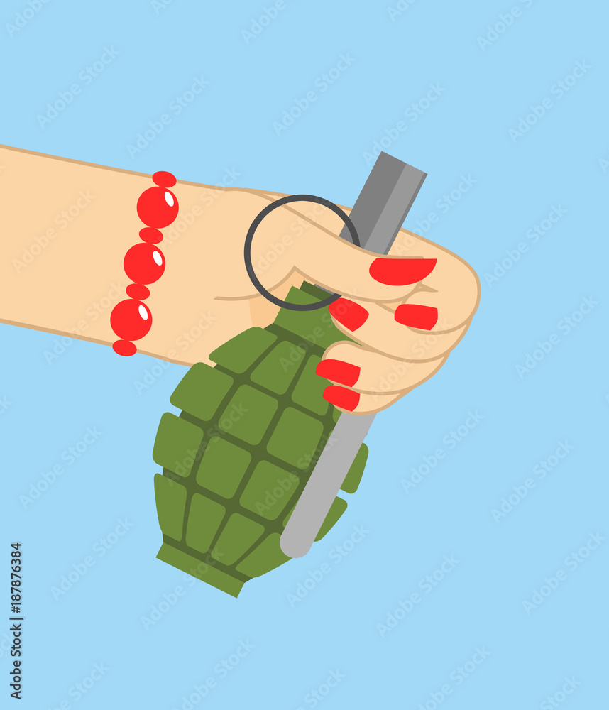 Wall mural february 23. woman hand giving grenade. traditional gift for men on day of defender of fatherland in