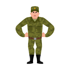 Russian soldier angry. Warrior evil. aggressive Military in Russia. Illustration for 23 February. Defender of Fatherland Day.  