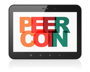 Blockchain concept: Tablet Computer with Painted multicolor text Peercoin on display, 3D rendering