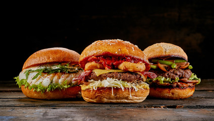 Selection of three different gourmet burgers