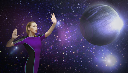 Fototapeta na wymiar futuristic woman over planet and stars in space