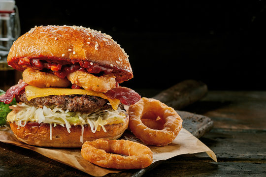 Gourmet Surf and Turf burger with squid rings