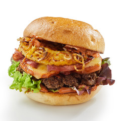 Pineapple and ham beef burger with fried onion - obrazy, fototapety, plakaty