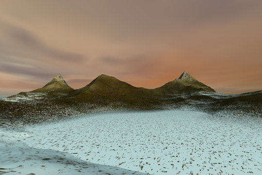 Snow in the desert, a rocky landscape, beautiful peaks and a colorful sky.