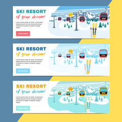 Colorful mountain ski resort background illustration. Bright layout with lift or gondola on winter alpine landscape for poster, flyer, banner.
