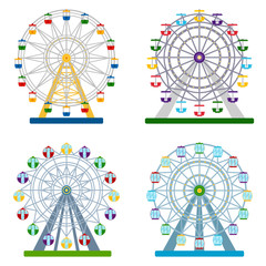 Set of colorful ferris wheels on white background, vector illustration