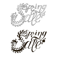 Hand drawn monochrome lettering Spring sale, swirls, flowers stock vector illustration