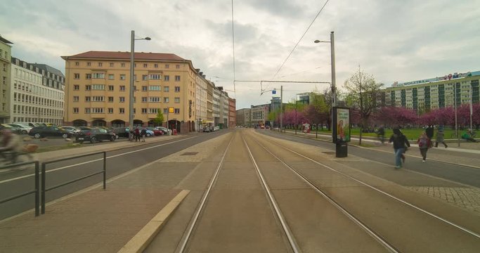 Leipzig, Germany - April 2015: Moving timelapse around the city centre from a tram